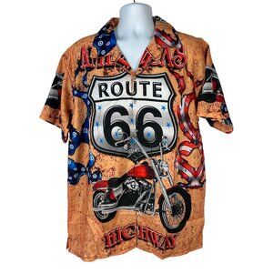 Route 66 Motorcycle Graphic Hawaiian Shirt L Hawaiian Apparel Polyester